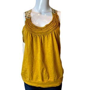 Eyelash Couture Women 100% Cotton Blouse Top Sleeveless Ruffle Neck Yellow SZ XL
